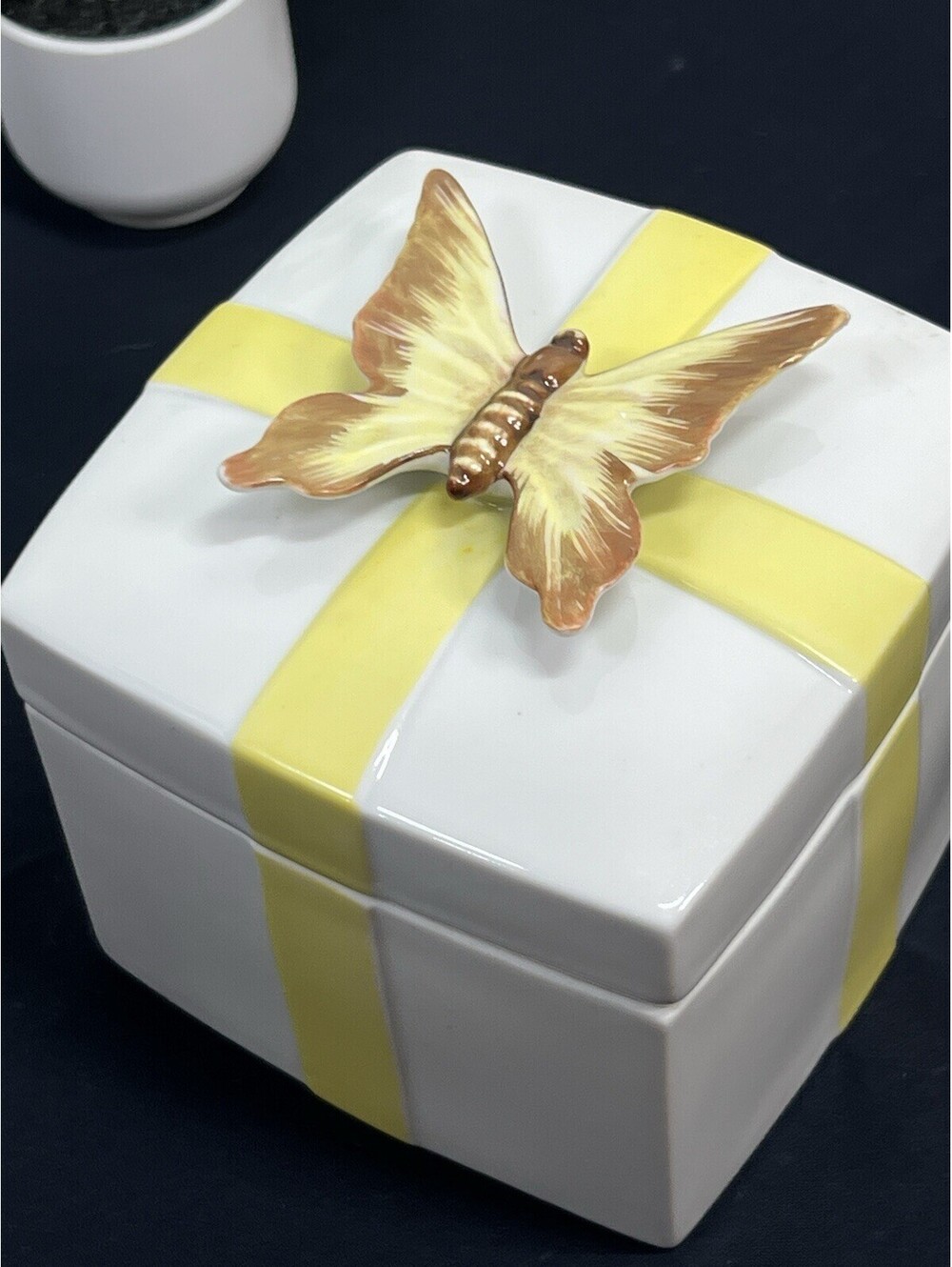 Vintage Shafford Porcelain Trinket Box Yellow Butterfly Jewelry Box